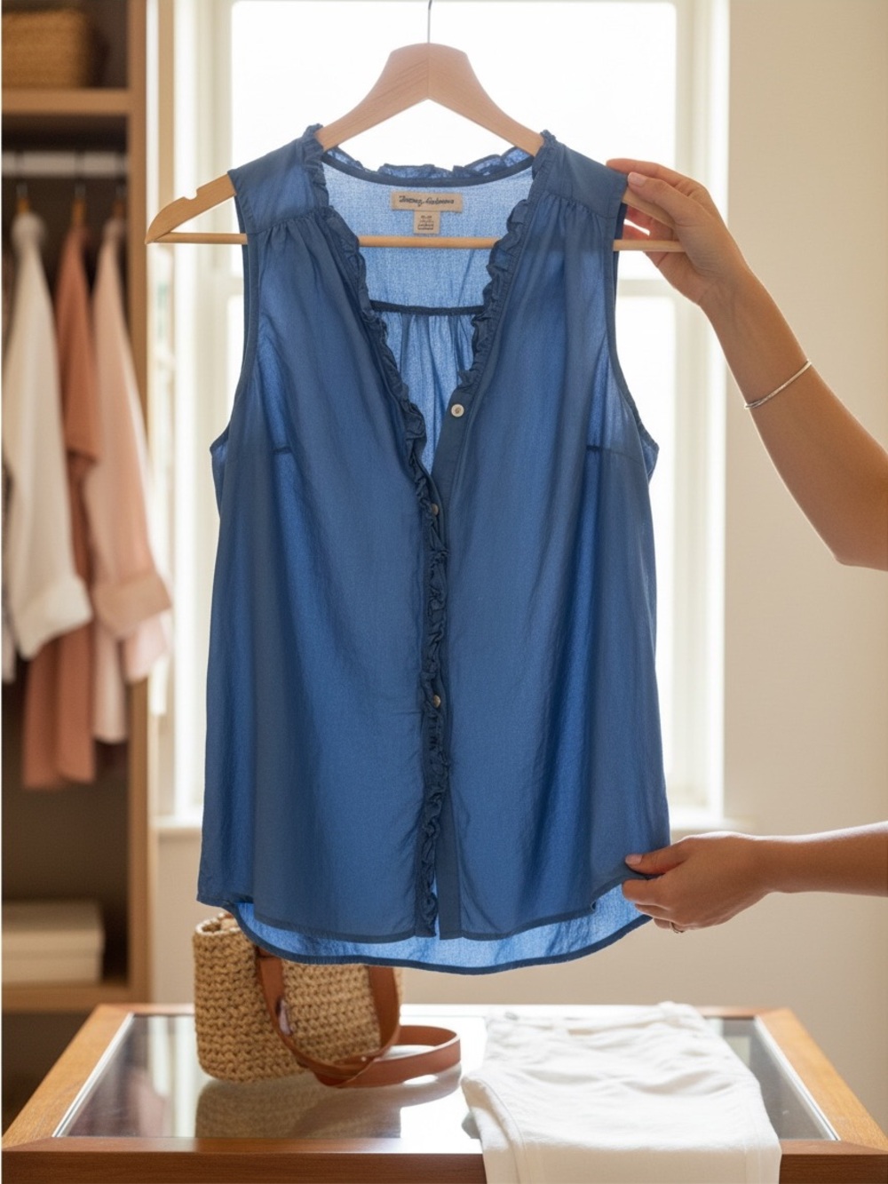 Tommy Bahama Blue Ruffle-Trim Sleeveless Button-Down Top